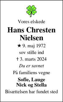 Dødsannoncen for Hans Chresten Nielsen - Frederiksværk 