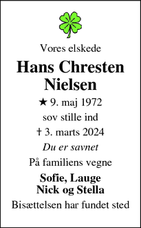 Dødsannoncen for Hans Chresten Nielsen - Frederiksværk 