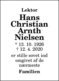 Dødsannoncen for Hans Christian Arnth Nielsen - Aalborg