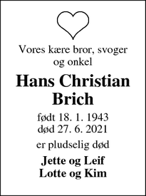 Dødsannoncen for Hans Christian Brich - Holsterbro