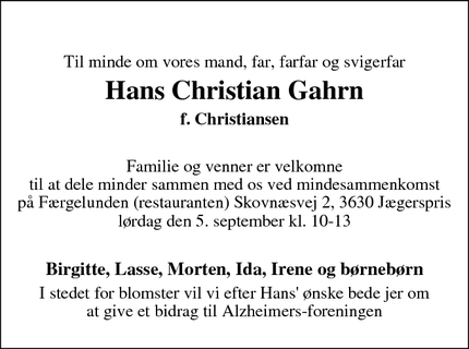 Dødsannoncen for Hans Christian Gahrn - Jægerspris