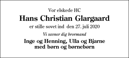 Dødsannoncen for Hans Christian Glargaard - Esbjerg