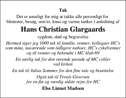 Dødsannoncen for Hans Christian Glargaards - Esbjerg 