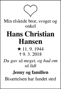 Dødsannoncen for Hans Christian Hansen  - Havndal