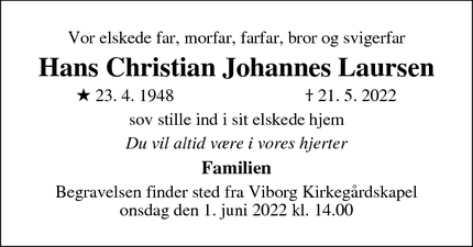 Dødsannoncen for Hans Christian Johannes Laursen - Rindsholm