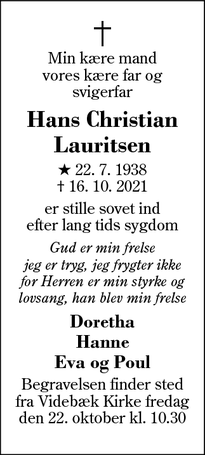 Dødsannoncen for Hans Christian Lauritsen - Videbæk