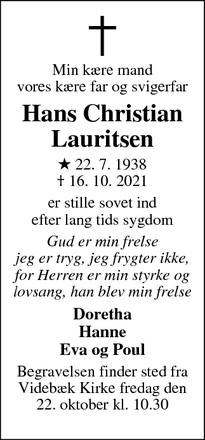 Dødsannoncen for Hans Christian Lauritsen - Videbæk