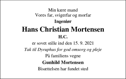 Dødsannoncen for Hans Christian Mortensen - Odense