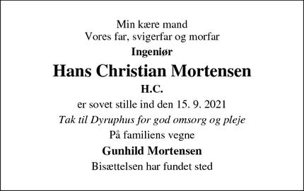 Dødsannoncen for Hans Christian Mortensen - Odense