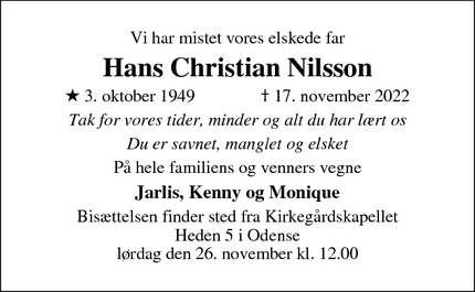Dødsannoncen for Hans Christian Nilsson - Odense
