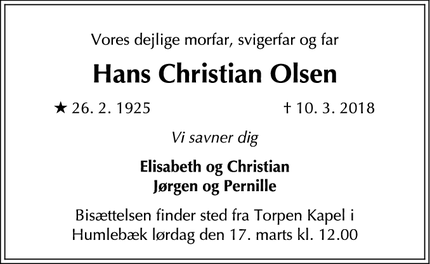 Dødsannoncen for Hans Christian Olsen - Humlebæk