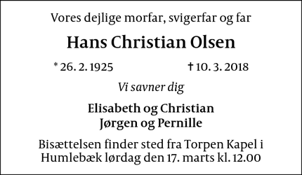 Dødsannoncen for Hans Christian Olsen - Humlebæk
