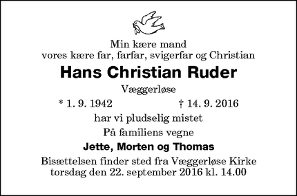 Dødsannoncen for Hans Christian Ruder - Væggerløse