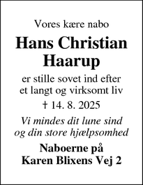 Dødsannoncen for Hans Christian
Haarup - Ikast