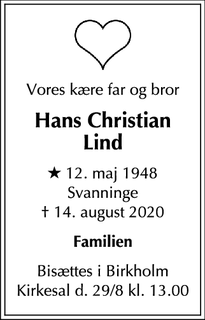 Dødsannoncen for Hans Christian
Lind - København K
