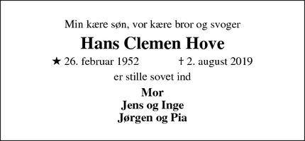 Dødsannoncen for Hans Clemen Hove - Hadsten