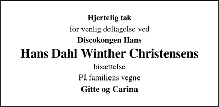 Taksigelsen for Hans Dahl Winther Christensens - Skanderborg
