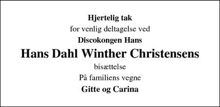 Taksigelsen for Hans Dahl Winther Christensens - Skanderborg
