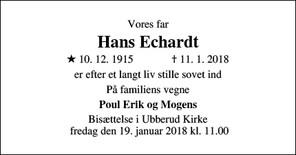 Dødsannoncen for Hans Echardt - Korup