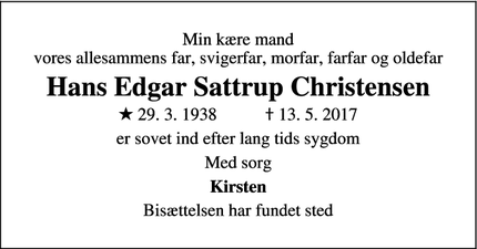 Dødsannoncen for Hans Edgar Sattrup Christensen - Frederikssund