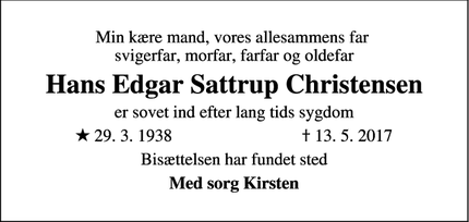 Dødsannoncen for Hans Edgar Sattrup Christensen - Frederikssund