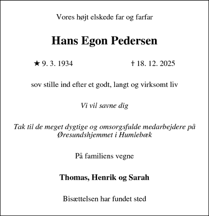 Dødsannoncen for Hans Egon Pedersen - Humlebæk