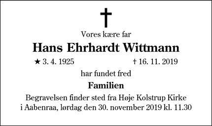 Dødsannoncen for Hans Ehrhardt Wittmann - Aabenraa