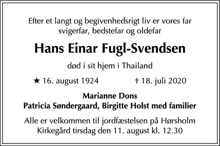 Dødsannoncen for Hans Einar Fugl-Svendsen - Frederiksværk