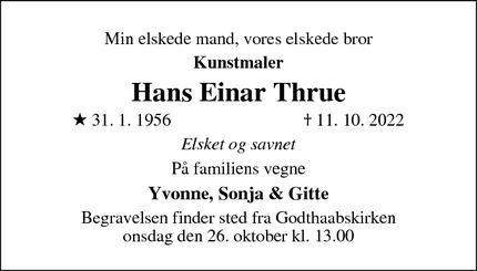 Dødsannoncen for Hans Einar Thrue - Virum