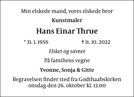 Dødsannoncen for Hans Einar Thrue - Virum