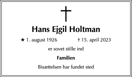 Dødsannoncen for Hans Ejgil Holtman - Charlottenlund