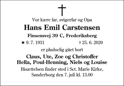 Dødsannoncen for Hans Emil Carstensen - Frederiksberg