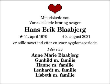 Dødsannoncen for Hans Erik Blaabjerg - Gørding