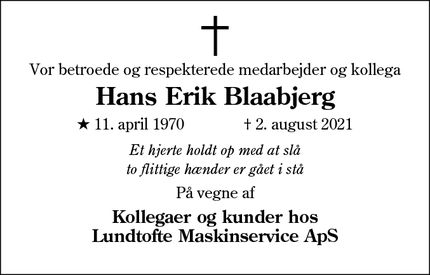 Dødsannoncen for Hans Erik Blaabjerg - Føvling