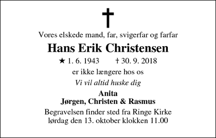 Dødsannoncen for Hans Erik Christensen - Ringe