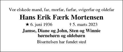 Dødsannoncen for Hans Erik Færk Mortensen - Roskilde