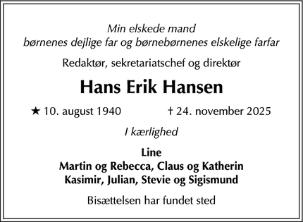 Dødsannoncen for Hans Erik Hansen - København N