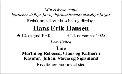 Dødsannoncen for Hans Erik Hansen - København N