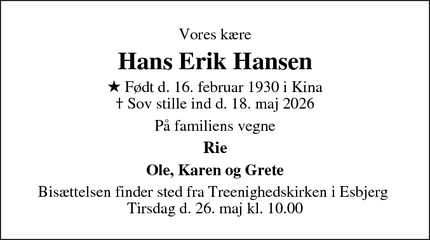 Dødsannoncen for Hans Erik Hansen - Esbjerg 