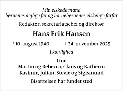 Dødsannoncen for Hans Erik Hansen - København N