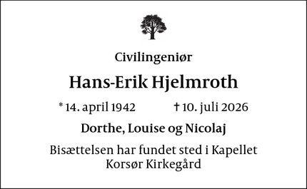 Dødsannoncen for Hans-Erik Hjelmroth - Korsør