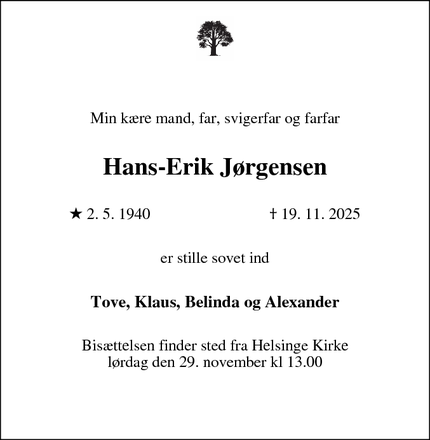 Dødsannoncen for Hans-Erik Jørgensen - Helsinge