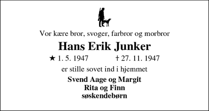 Dødsannoncen for Hans Erik Junker - Hejnsvig