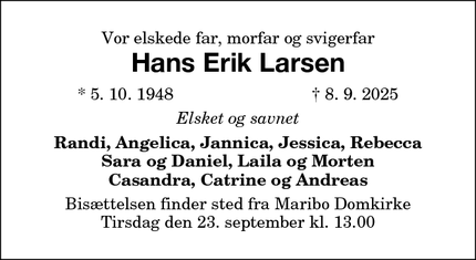 Dødsannoncen for Hans Erik Larsen - Nørreballe