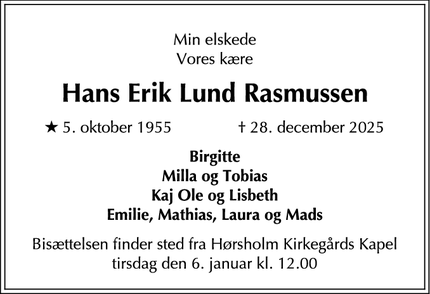 Dødsannoncen for Hans Erik Lund Rasmussen - Kokkedal