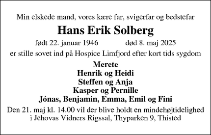 Dødsannoncen for Hans Erik Solberg - Nors, Thisted