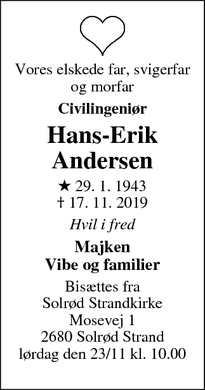 Dødsannoncen for Hans-Erik
Andersen - Tåstrup