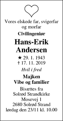 Dødsannoncen for Hans-Erik
Andersen - Tåstrup