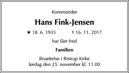 Dødsannoncen for Hans Fink-Jensen - Birkerød