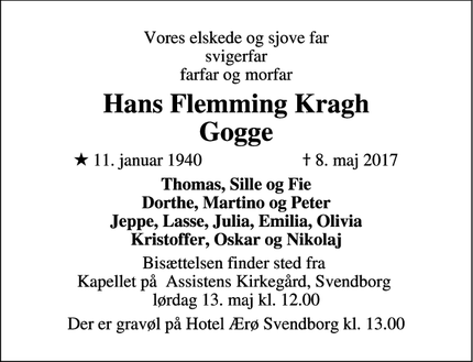 Dødsannoncen for Hans Flemming Kragh
Gogge - Svendborg